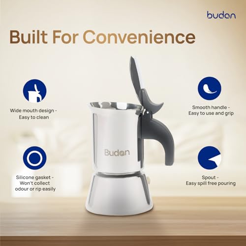 Image of Budan Moka Pot 2 Cup Stainless Steel Espresso Maker | Stovetop Coffee Maker | Works on Gas, Induction & Electric Stove | Durable Steel Body