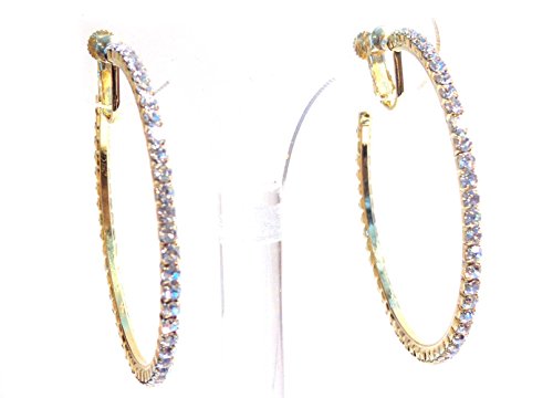 Clip-on Earrings Gold Tone Crystal Hoop Earrings 2 Inch Clip Hoop Earrings for Non Pierced Ears