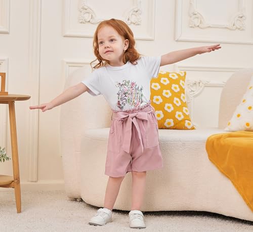 Toddler Kid Girl Outfits Clothes Floral Short Sleeve T-Shirt Top + Waist Pocketed Summer Short Sets 4-7T Girl Clothes4