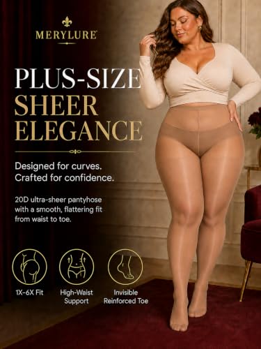 Image of MERYLURE Plus Size Sheer Tights for Women,20D Control Top Pantyhose Reinforced Toes High Waist Stockings 3 Pairs 1XL-6XL