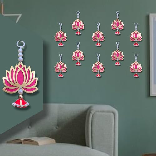 Rajasthan Kraft Pink Lotus Hanging Decoration with Pearl Beads & Mini Bell | Pack of 10 (7 x 3 Inch)|Wooden Festive Wall & Door Décor for Diwali, Pooja & Weddings(RK-36001-10).