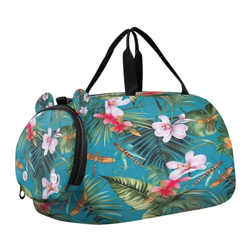YETTASBIN Sport Travel Duffel Bag for Girls Boys, Palm Flower Large Waterproof Weekender Overnight Bag, Detachable Shoulder Strap Gym Bag with Shoe Compartment & Wet Pocket