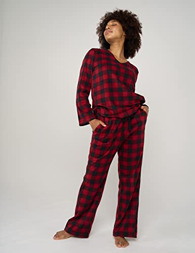 LAPASA Conjunto de Pijama Vellón para Mujeres Camisa Cuello en V & Pantalón Largo Bolsillos Laterales Comodo Calido L107 L Cuadros Rojo y Negro