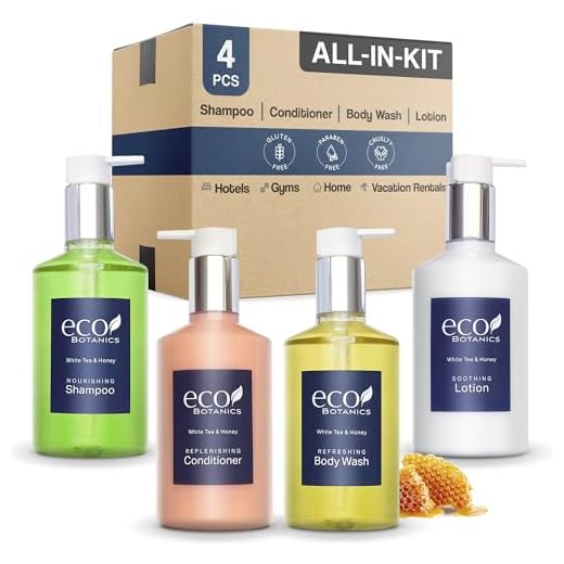 Eco Botanics Amenities Set,10.14 oz. Pumps (1 of Each) Shampoo, Conditioner, Hand/Body Wash, and Lotion (Set of 4)