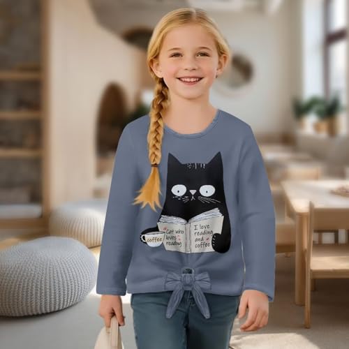 Loose Girls Long Sleeve T-Shirt with Tie Front,Casual Crew Neck Girls Shirt for Everyday Wear,School4
