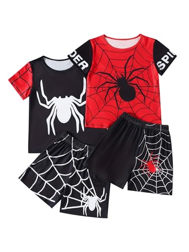 Jolyshlid Boys Shorts Set 4 Pieces Athletic Outfits Short Sleeve Tee Shirt and Summer Shorts Set Black Red 7-8Y