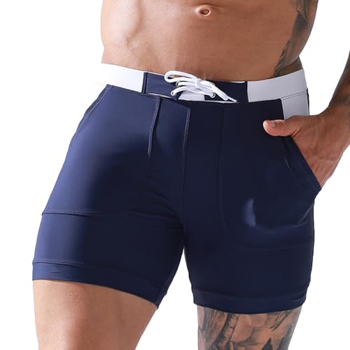 SMUXP Traje de baño para hombre, elásticos, ajustados, con bolsillos, pantalones cortos de playa transpirables con cintura ajustable, azul marino (1#Navy), 3XL