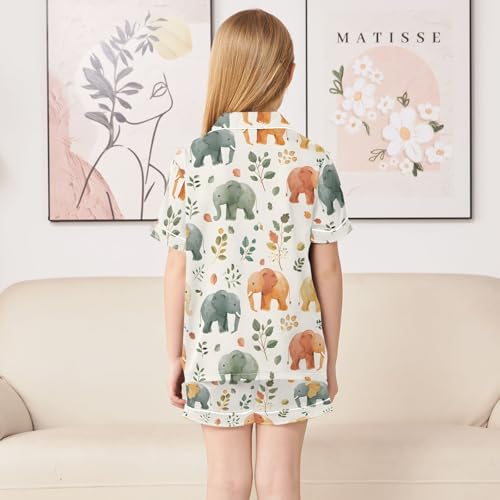 ALAZA Elephant Leaves Watercolor Satin Pajamas Set Short Sleeve Button Down Sleepwear Summer Pjs 2 Piece4