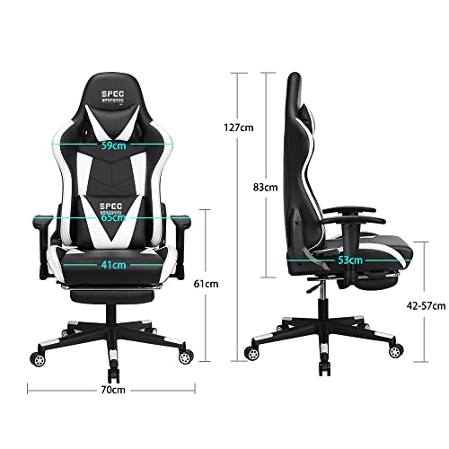 SpecStandard - Comfortabele gamingstoel met voetensteun, horizontale ligfunctie, verstelbare kantelweerstand, zwart/wit - Image 3