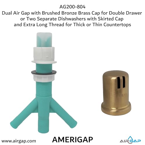 Image of Dual Air Gap with Brushed Bronze Brass Cap for Double Drawer or Two Separate Dishwashers with Skirted Cap and Extra Long Thread for Thick or Thin Countertops (AG200-804, AG200-X04, AMERIGAP)