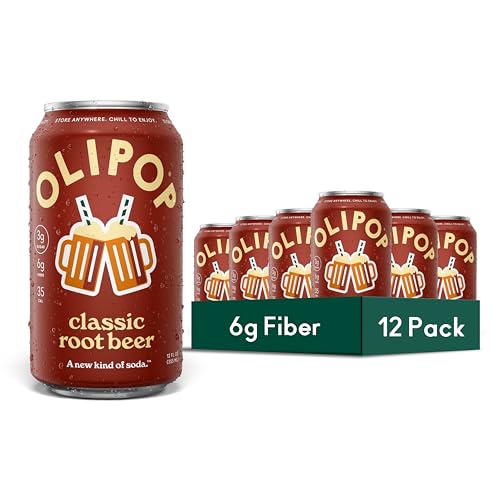 Image of OLIPOP Prebiotic Soda Pop, Classic Root Beer, Pantry Pack Packed with Prebiotics, Fiber, and Botanicals, Gluten Free, GMO Free, 12oz (12-Cans) (Packaging May Vary)