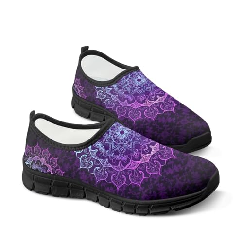 Binienty Zapatos sin cordones para mujer, ligeros, sin cordones, con soporte de arco, mocasines para caminar, para el trabajo, casual, diario, Mandala morado degradado, 39 EU