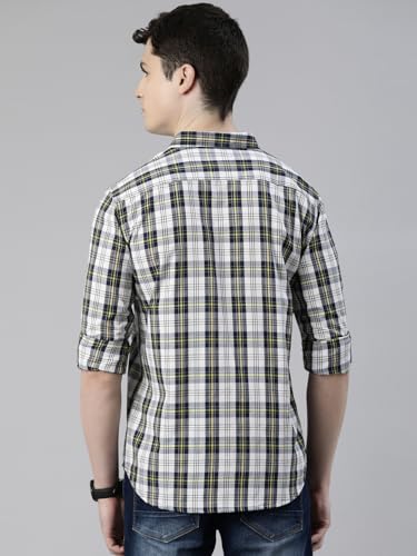 Image of JOVEN Men Slim Fit Pure Cotton Brown and Dark Green Casual Checked Shirt