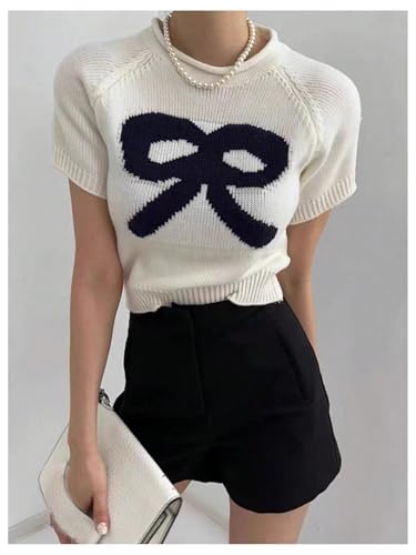 OYOANGLE Women's Bow Printed Pullover Sweaters Crew Neck Short Sleeve Ribbed Knit Casual Crop Tops Knitwear3
