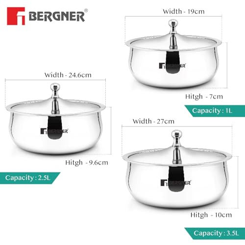 Image of Bergner Vienna Stainless Steel 3 Hot Pot Combo Set - 19 cm (1 L), 24 cm (2.5 L), 26cm (3.5 L), Double Walled Serving Casserole with PU Insulated Stainless Steel Lid, Food Grade, Roti Casserole