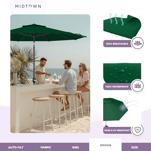 Image of Midtown Umbrellas - The Lean 10 Ft Patio Umbrella with 10-Year-No-Fade Acrylast Acrylic Fabric, Auto-Tilt and 8 Reinforced Ribs for Deck, Pool, Garden, Hotel & Cafes - Forest Reserve Canopy, Black Pole
