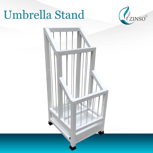 Image of ZINSO Umbrella Stand | Multipurpose Metal Black Rack | Storage Bucket for Umbrellas, Sports Equipment with Detachable Drip Tray | Easy to Clean | Made in India (No Wheels, White)