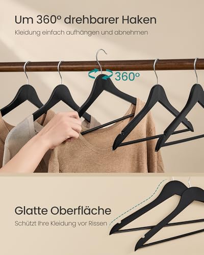 SONGMICS Kleiderbügel Holz, 20er Set, Holzbügel schlank, Bügel, platzsparend, Hosenbügel, 360° drehbarer Haken, Birkenholz, für Träger und Jacken, tintenschwarz CRW040B01