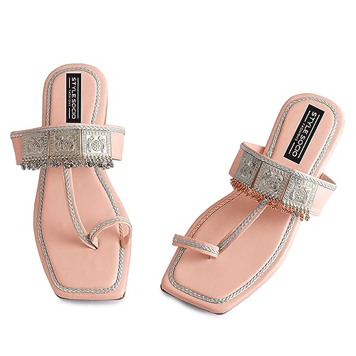 Image of Kolhapuri Ethnic Flats for Women Leather Chappal Stylish Ladies Casual Rajasthani Chappal Banjara Style