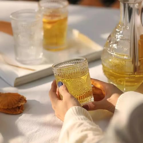 Image of Whiskey Glasses Set of 6 pcs- 300 ml Bar Glass for Drinking Bourbon, Whisky, Scotch, Cocktails, Cognac- Old Fashioned Cocktail Tumblers (6, Embossed)
