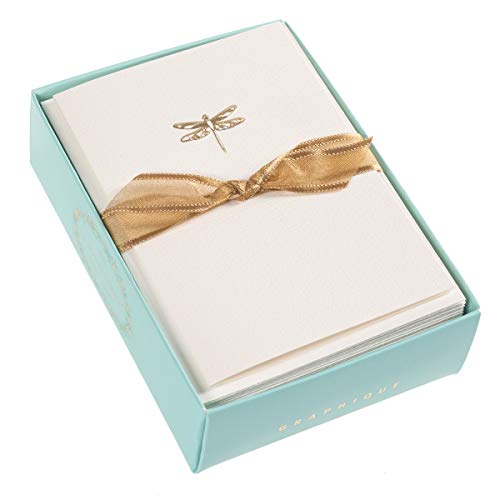Image of Graphique Dragonfly La Petite Presse Boxed Notecards - 10 Embossed and Embellished Gold Foil Blank Cards with Matching Envelopes, 3.25 inch x 4.75 inch
