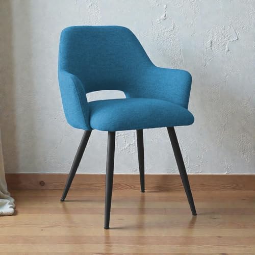 Image of Finch Fox Motel Luxurious Home Collection Upholstery Fabric Arm Dining Room Chairs in Blue Color with Black Metal Powder Coated Legs (Set of 2)