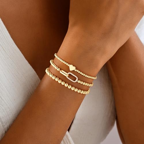 Turandoss 3PCS 14K Gold Plated Beaded Stretch Bracelet for Women Teen Girls - image 2