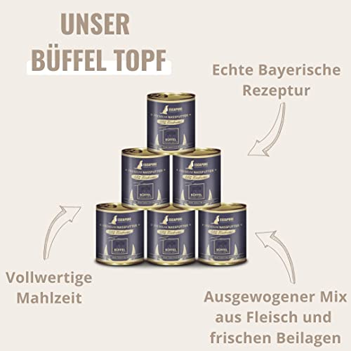 Escapure Adult Nassfutter Büffel 6 x 400g Dose - 79,4% pures Büffelfleisch Hundefutter - Dosenfutter Büffel Topf ohne Zusatzstoffe - Ergänzungsfuttermittel für ausgewachsene Hunde frei von Getreide