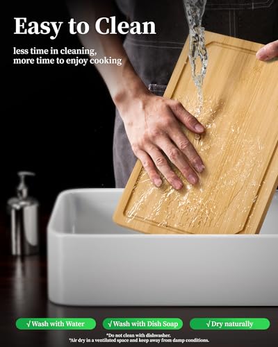 Kitchen Cutting Board Set - 3-Piece Wooden Cutting Boards for Kitchen with Juice Groove, Handles, Hang Holes, Stylish Kitchen Essentials for Chpping & Serving, Natural, 0.4\"Th - (L+M+S)