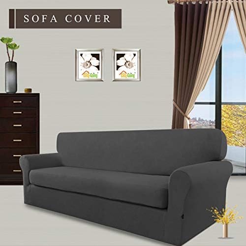 Easy-Going 2 Pieces Microfiber Stretch Sofa Slipcover &ndash; Spandex Soft Fitted Sofa Couch Cover, Washable Furniture Protector with Elastic Bottom Kids,Pet (Sofa, Dark Gray