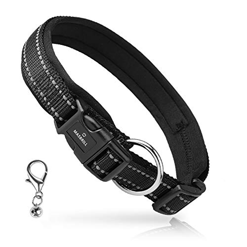 MASBRILL Adjustable Dog Collar, Soft Neoprene Padded Breathable Nylon Pet Collar Reflective for Puppy and Small Medium Large Dogs, Lightweight Outdoor Training Dog Collars (Black M)