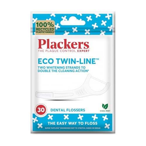 Plackers Eco Twin Line Flossers Dental flossers Double Cleaning Action Two Floss Threads the Easy Way to Floss Folding-Out Toothpick Recycled Plastic Handle