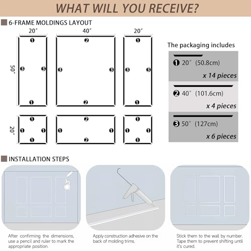 Gaahing 6 Sets Premade Accent Wall Molding Kit, Pre-Cut Wainscoting Panels, Ready to Assemble Chair Rail Moulding for Interior Decoration - Image 4
