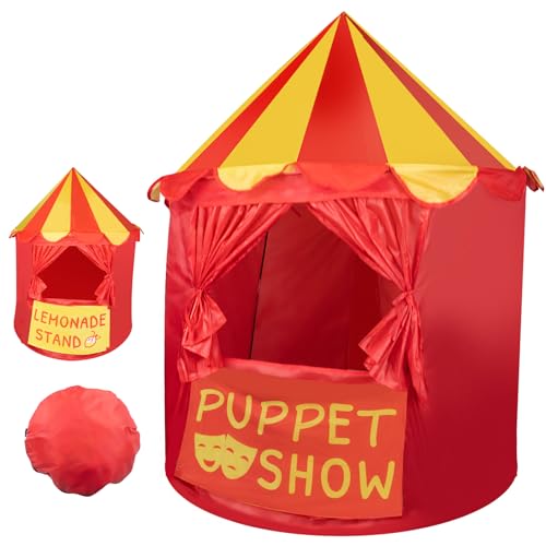 Extguds Tienda de campaña redonda para teatro de marionetas con panel frontal reversible, 2 en 1 para espectáculo de marionetas y soporte de limonada, casa de juegos portátil plegable con bolsa de
