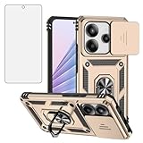 Asuwish Phone Case Compatible with Xiaomi Redmi Note 14 4G Slide Camera Cover Tempered Glass Screen Protector Ring Holder Stand Rugged Slim Cell Protective Note14 Women Men Military Grade Hybrid Gold