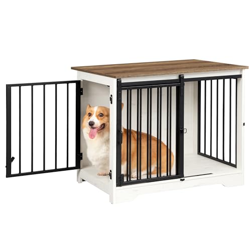 Hzuaneri Hundekäfig Möbel, 81cm hundebox für zuhause, Schiebetüren, 2 Türen, Moderne hundebox Holz Indoor für kleine/mittlere Hunde, Hundekäfig für Zuhause, 81 x 55 x 67,5cm, Weiß Braun DFC83614B
