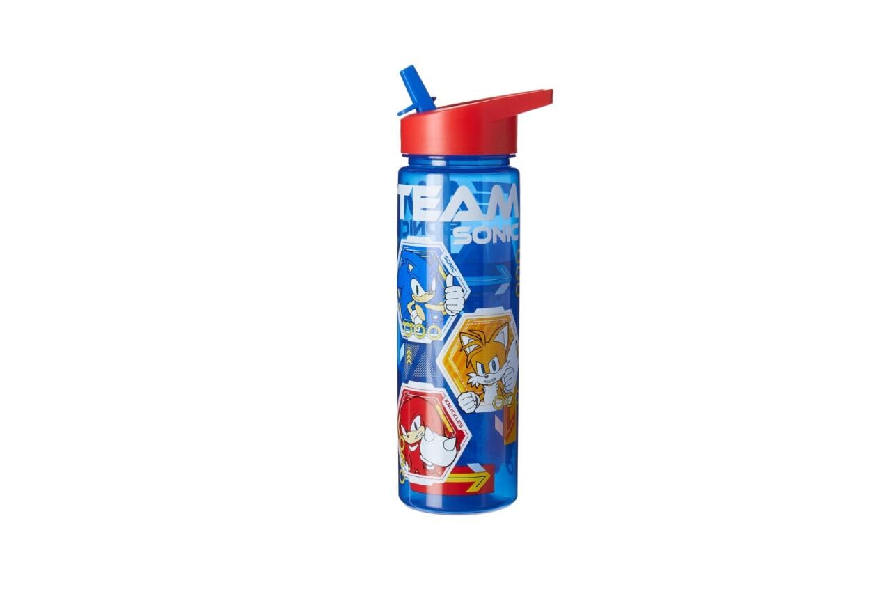 HOX Sonic The Hedgehog Water Bottle 750ml Drinks Bottle Eco Friendly Bpa-Free Plastic Water-Bottle with Removable Straw, Spill & Leak Proof - Ideal Kids School Bottle, Blue