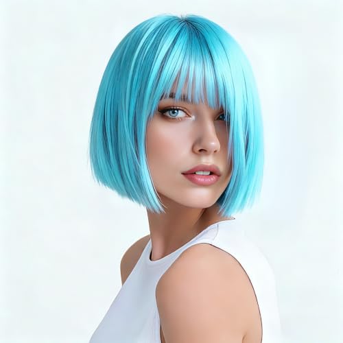 kuttolee Sky Blue Bob Wig Neon Short Bob Wigs with Bangs, Synthetic Hair Costume Colorful Cosplay Wig for Women Girl Bachelorette Carnival Daily Party Neon Party Favors Halloween Decorations