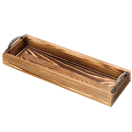 MyGift 16 Inch Rustic Burnt Wood Rectangular Serving Tray with Handles