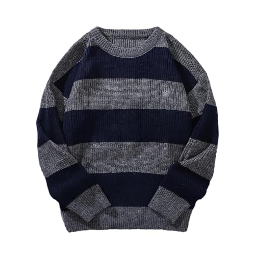 Men's Pullover Sweater Long Sleeve Loose Casual Striped Round Neck Knit Sweaters