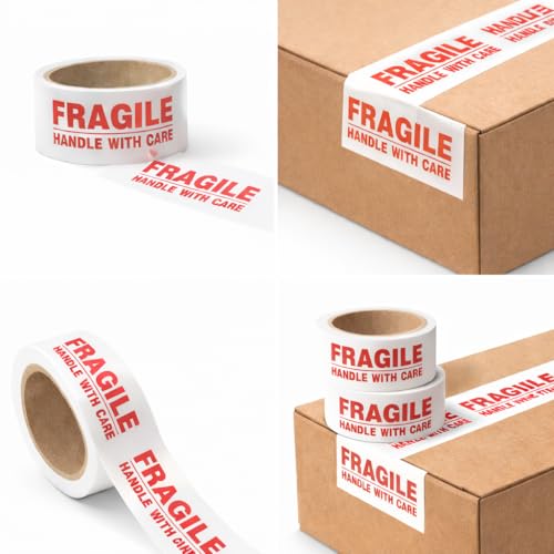 Image of Fragile Packing Tape | Pack of 6 Rolls | 48 mm / 2 Inch x 65 Meter BOPP Adhesive Tape | Heavy Duty Red & White Warning Tape for Fragile Parcels E-Commerce &