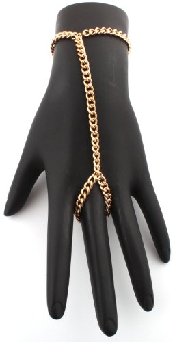 JOTW 2 Pieces of Goldtone Plain Adjustable Finger Ring and Hand Chain Bracelet One Size Fits All Poparazzi (F-402)