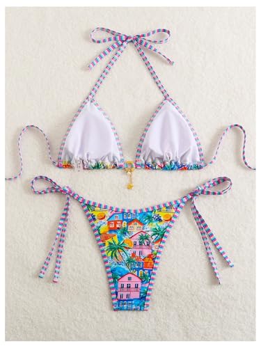 MakeMeChic Women's 2 Piece Bikini Sets Graphic Print Tie Back Halter Swimsuit Bathing Suit2