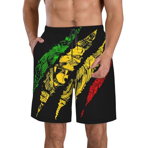 Nruairly Reggae Lion Jamaica Flag Men's Quick Dry Swim Trunks Beach Board Shorts Swimming Swimwear Hawaiian Bathing Shorts Summer Swimsuit with Pockets Large White