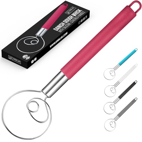 ORBLUE Fouet à pâte danois avec poignée recouverte de silicone, mélangeur en acier inoxydable, rouge