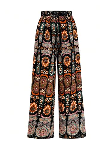 Women's Boho Paisley Wide Leg Pants Drawstring High Waisted Beach Vacation Long Trousers with Pockets2