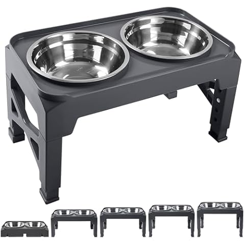 Hubulk Elevated Dog Bowls with 2 Stainless Steel Food & Water Raised Bowls with No Spill Edge Non-Slip Stand Adjusts to 5 Heights(3.2", 8.77", 9.9",11.1", 12.3")for Small Medium Large Dog and Pet Grey Cover