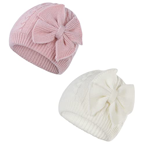 Image of Zando Newborn Baby Girls Hats with Cute Bow Warm Baby Winter Hat Knitted Infant Hat Baby Beanies for Boys Girls 0-6 Months