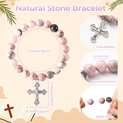 CJiangpo Natural Stone Cross Bracelet for Godparents, Christian Religious Cross Beaded Bracelets Godmother Godfather Proposal Gifts Catholic Jewelry for Christmas Baptism Gifts2