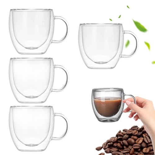 4 tazas de café de vidrio de doble pared, taza de café de 5, 07 onzas, tazas de expreso de vidrio transparente, resistentes al calor con agarre seguro, perfectas para expreso, té, lech
